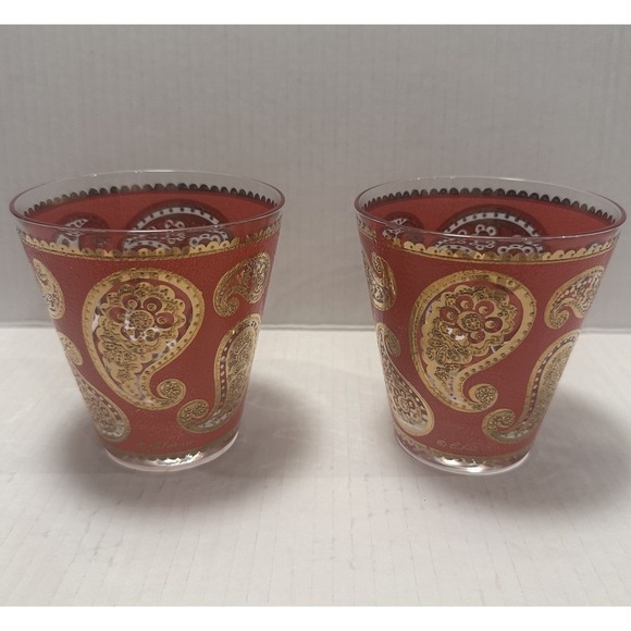 Culver Other - Vintage Culver LTD Old Fashioned Glasses Paisley Red 22K Gold MCM Barware Set 2